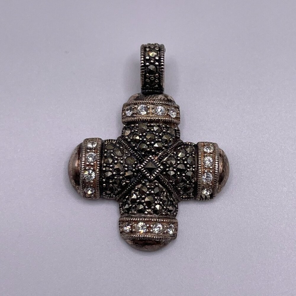 Vintage Sterling Silver Marcasite‎ Cross Pendant .925 Thailand – Baroque Style